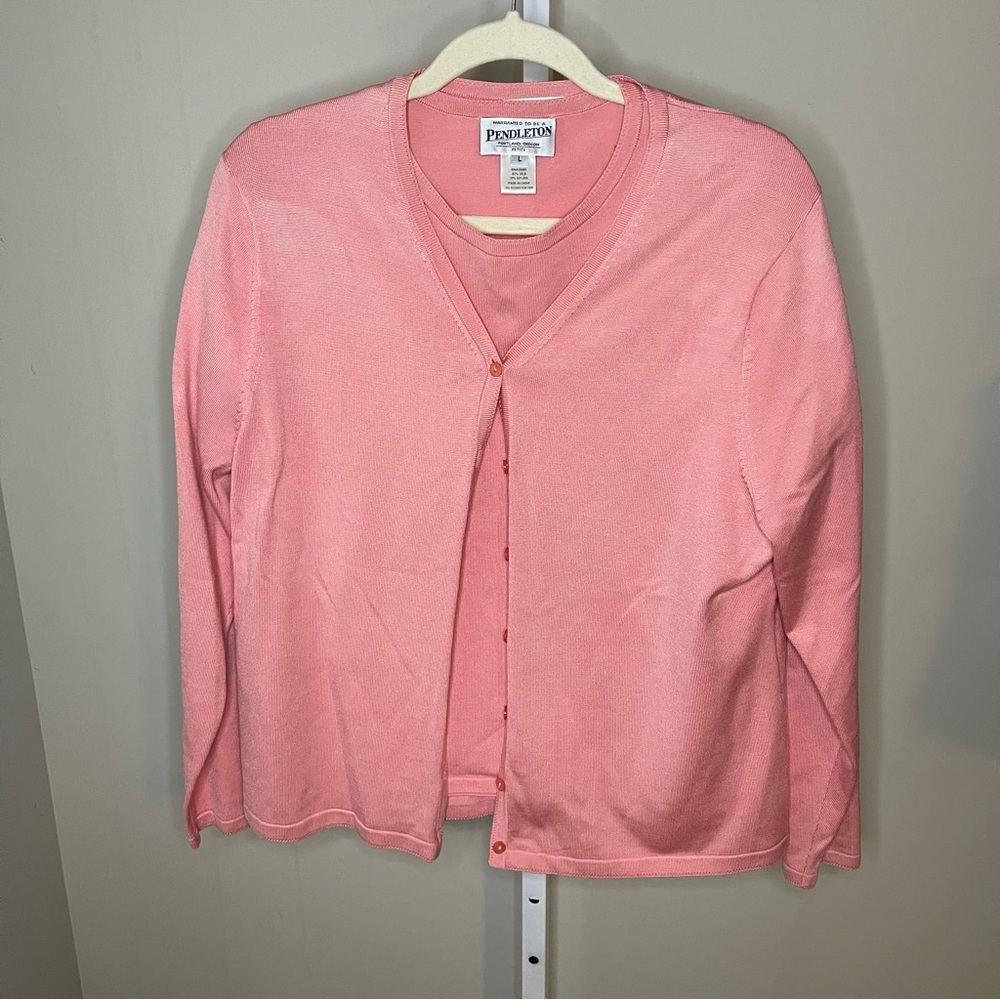 Pendleton Pink Silk Blend Cardigan & Short Sleeve Top Set Size Large Petite